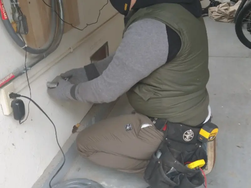 Electrician performing outlet wiring in a Westminster garage